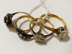 THREE 18 CT. GOLD RINGS WITH ANOTHER GOLD RING - SOME SET WITH DIAMONDS SIZE M