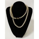 18 CARAT GOLD CLASPED PEARL NECKLACE 30'' LENGTH