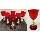 6 RUBY GOLD MURANO GLASSES 18CM (H) APPROX