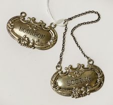 TWO STERLING SILVER DECANTER LABELS ''BOURBON & SCOTCH''