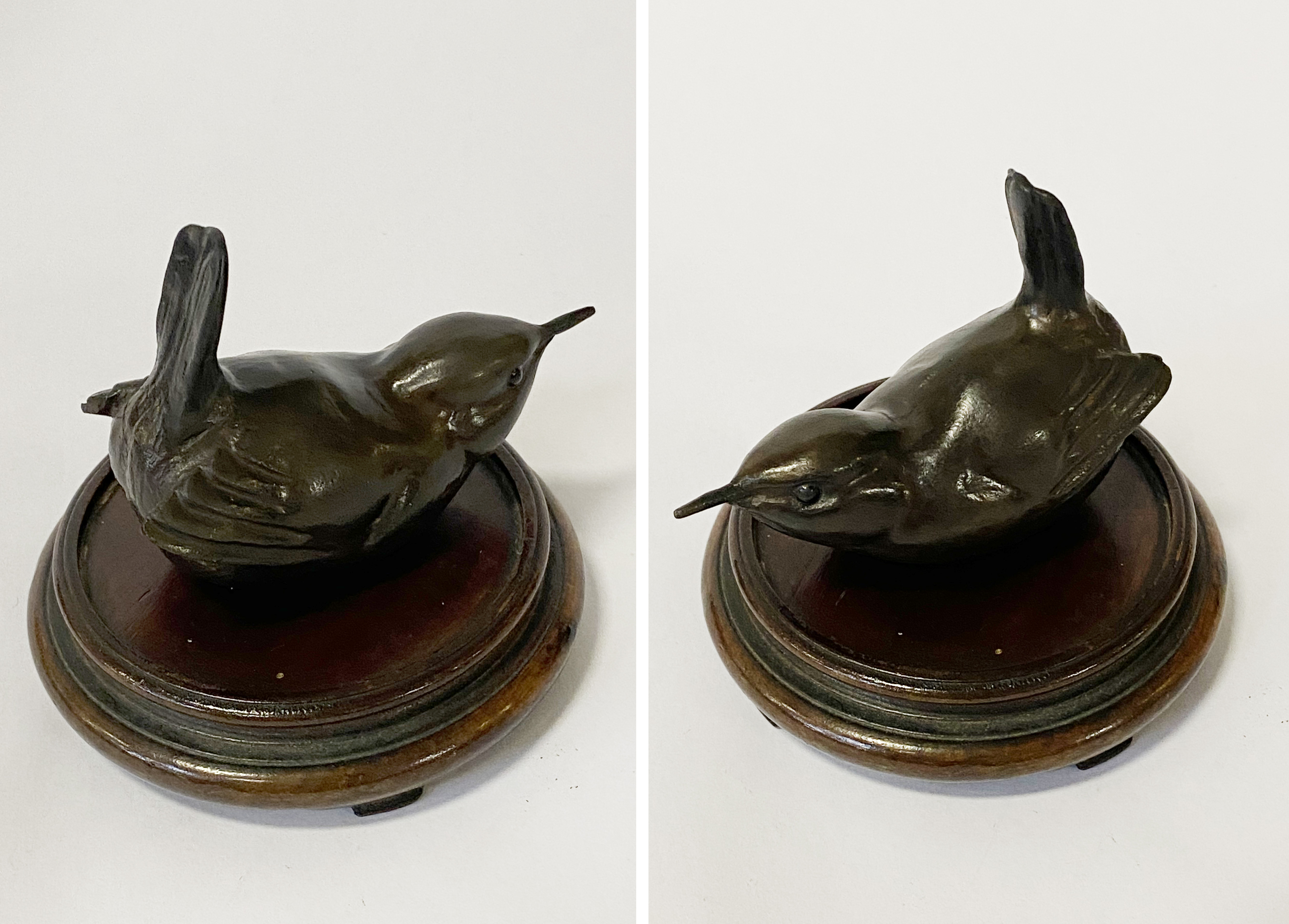 SOLID BRONZE WREN ON VINTAGE WOODEN BASE . GREAT PATINA