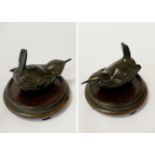 SOLID BRONZE WREN ON VINTAGE WOODEN BASE . GREAT PATINA