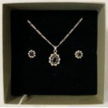 14 CARAT DIAMOND & SAPPHIRE EARRINGS, PENDANT & SILVER CHAIN