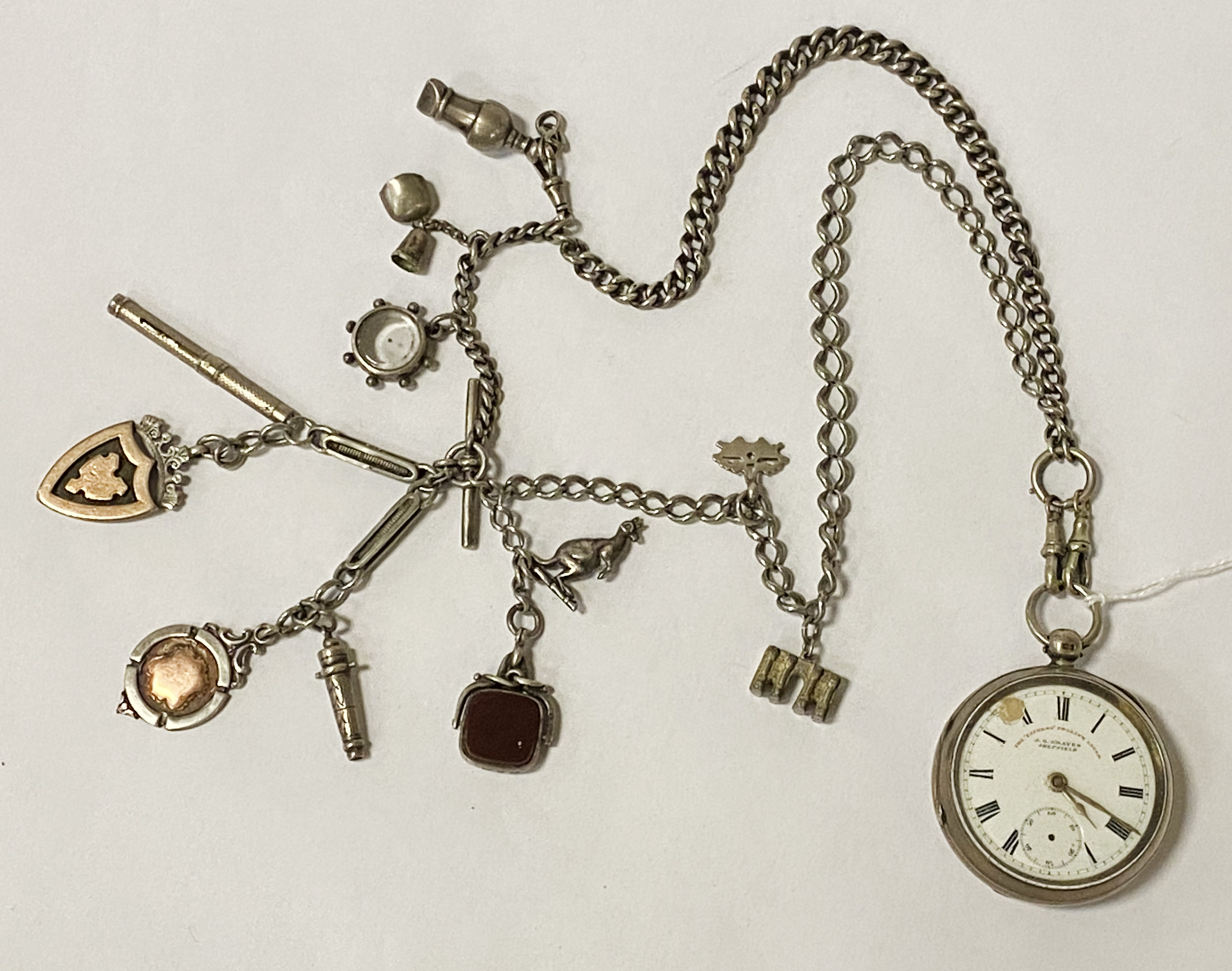 J G GRAVES POCKET WATCH & SILVER CHAIN ITH FOBS & CHARMS