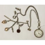 J G GRAVES POCKET WATCH & SILVER CHAIN ITH FOBS & CHARMS