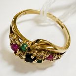 9CT GOLD RING SET WITH DIAMONDS - RUBIES & EMERALDS SIZE I/J