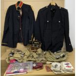 TWO MILITARY JACKETS & VARIOUS MILITARY RELATED ITEMS INC POSTCARDS OFFICER SWAGGER STICK SWORD