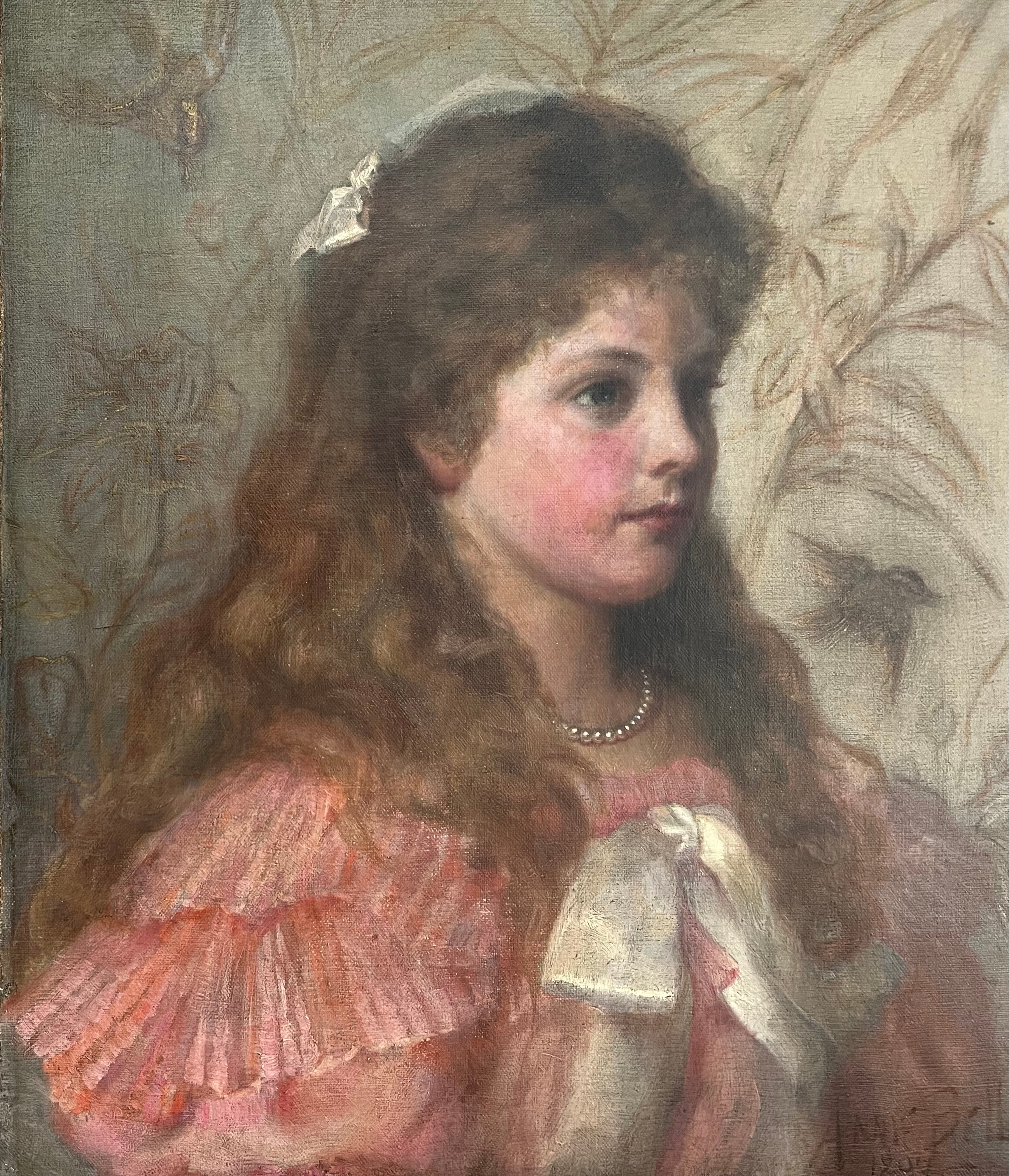 Annie Bell. British. Oil on canvas. “Portrait Of A Young Girl In A Pink Dress & Bow”. Signed and dat - Image 2 of 9