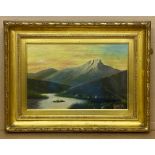 FRAMED OIL ON CANVAS MOUNTAIN AND LAKE SCENE SIGNED K. Mc F