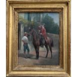 August Hermann Knoop (1856-1900). German. Oil on panel. “Figure On Horseback Drinking” Signed.