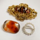 9 CT. BROOCH WITH GEMSTONE, 14 CT. GOLD BROOCH AND OTHER