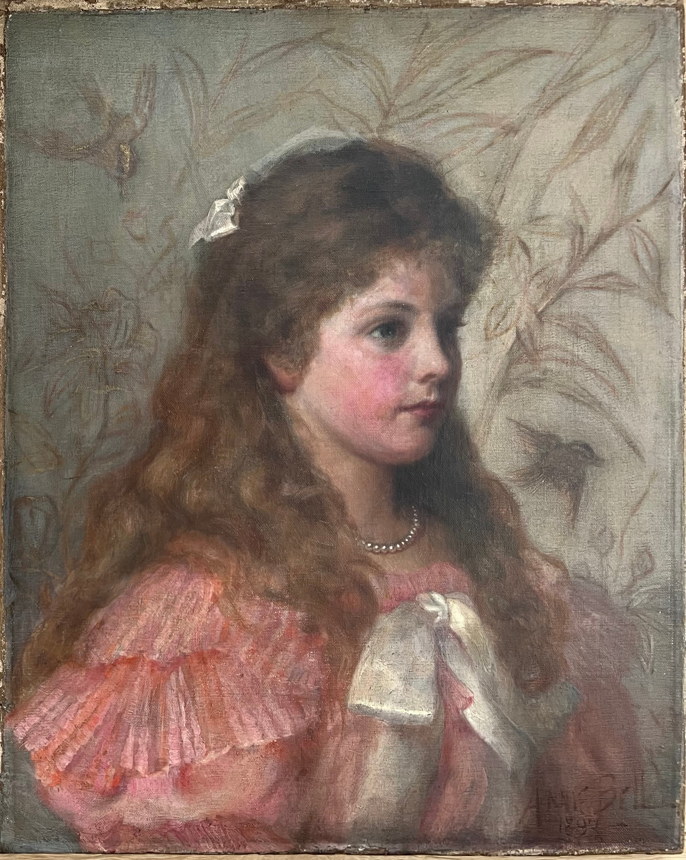 Annie Bell. British. Oil on canvas. “Portrait Of A Young Girl In A Pink Dress & Bow”. Signed and dat