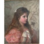 Annie Bell. British. Oil on canvas. “Portrait Of A Young Girl In A Pink Dress & Bow”. Signed and dat