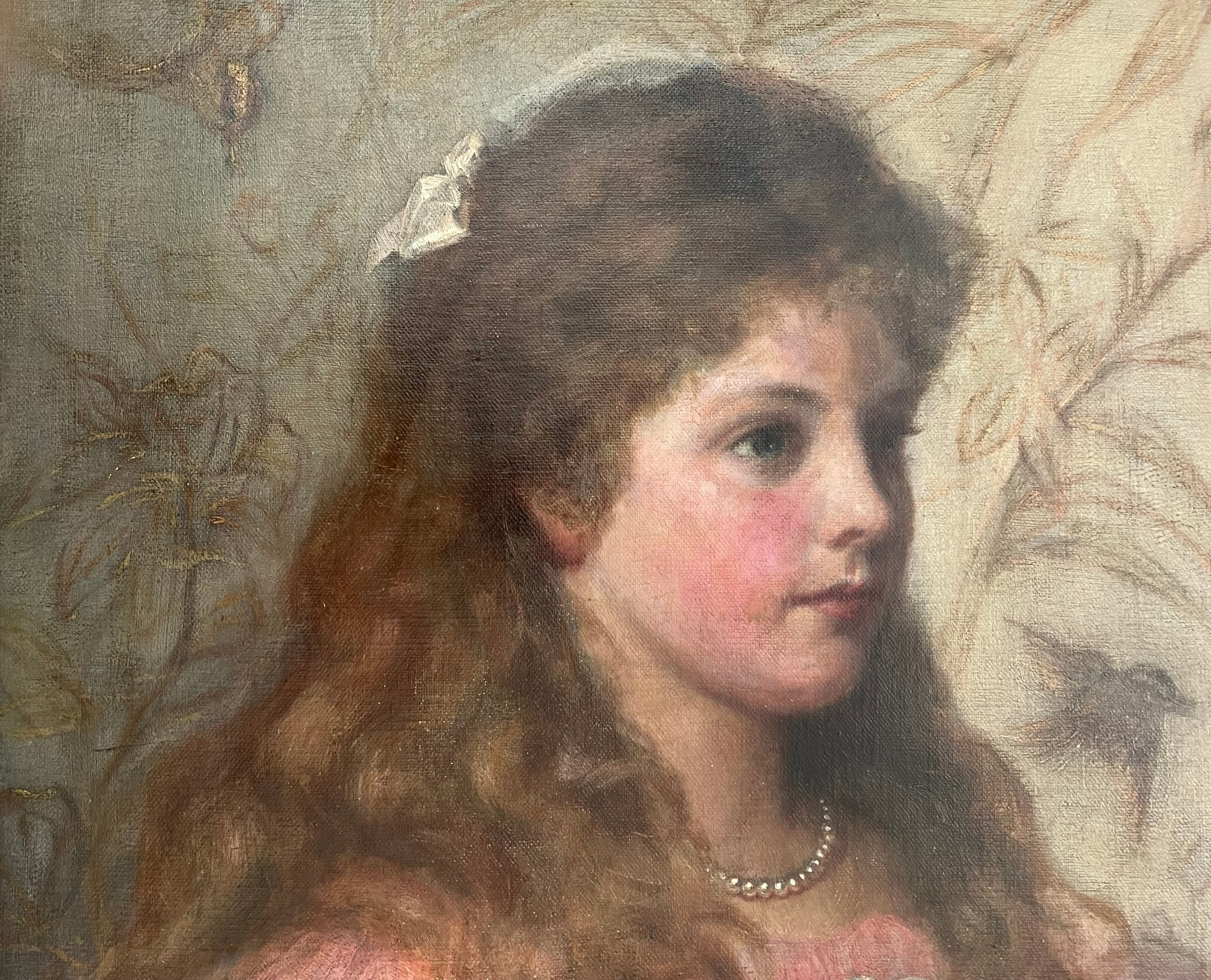 Annie Bell. British. Oil on canvas. “Portrait Of A Young Girl In A Pink Dress & Bow”. Signed and dat - Image 3 of 9