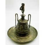 ANTIQUE BRONZE INKWELL ON ROUND BASE