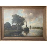 Adriaan Marinus Geijp (1855-1926). Dutch. Oil on canvas. “Dutch Landscape With Barge”. Signed.