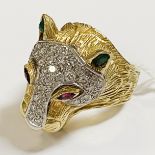 18CT GOLD DIAMOND, RUBY & EMERALD CARTIER PANTHERE STYLE GENTS RING - SIZE V