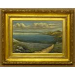FRAMED OIL ON CANVAS MOUNTAIN AND LAKE SCENE SIGNED K. Mc F