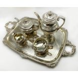 HALLMARKED GEORGIAN SILVER FOUR PIECE TEA SET & A TRAY