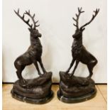 PAIR BRONZE STAGS ON MARBLE BASE 42CMS (H) APPROX