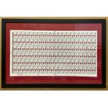 COMPLETE SHEET OF 1966 WORLD CUP 4 PENCE STAMP, FRAMED WITH COLOUR SHIFT ERROR