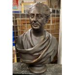VICTORIAN PAINTED PLASTER BUST OF A MAN 75CM (H) 50CM (W) APPROX