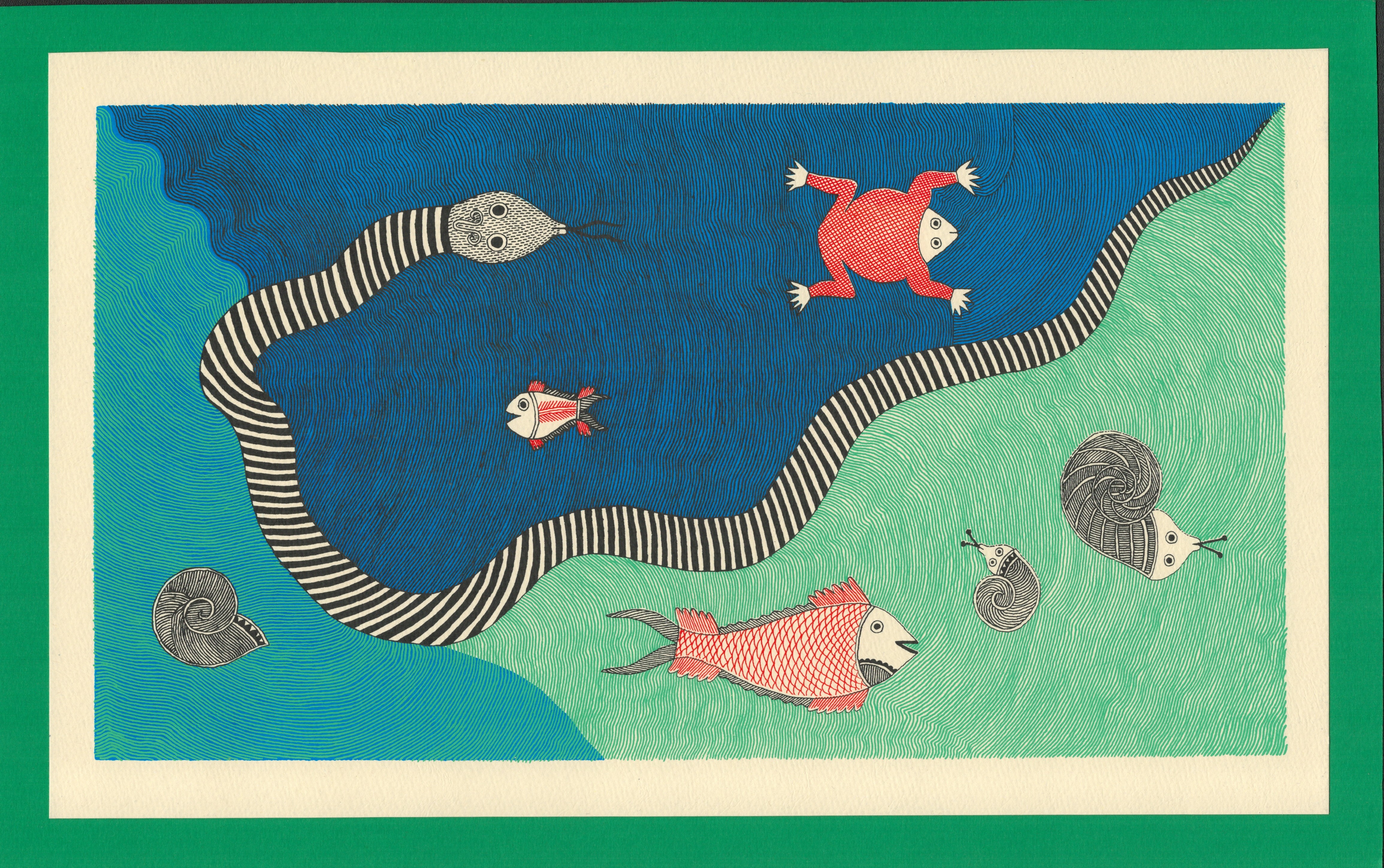 TWO ODE TO THE INDIAN OCEAN ORIGINAL HAND-PULLED / COLOURED SERIGRAPHS ON WOVE, C. 1980s INDIA