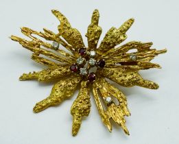 GEORG JENSEN 18CT GOLD DIAMOND AND RUBY FLORAL DESIGN BROOCH