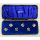 CASED SET OF SIX HALLMARKED ANTIQUE SILVER BUTTONS LONDON 1902 FLORAL DESIGN BY LOEWE ROSENTHAL