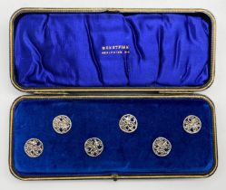 CASED SET OF SIX HALLMARKED ANTIQUE SILVER BUTTONS LONDON 1902 FLORAL DESIGN BY LOEWE ROSENTHAL