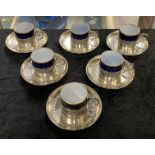 LIMOGE PORCELAIN COFFEE CUPS - SET OF 6 FRENCH 950 SILVER SAUCERS/CUP HOLDERS 8.9 ozs APPROX