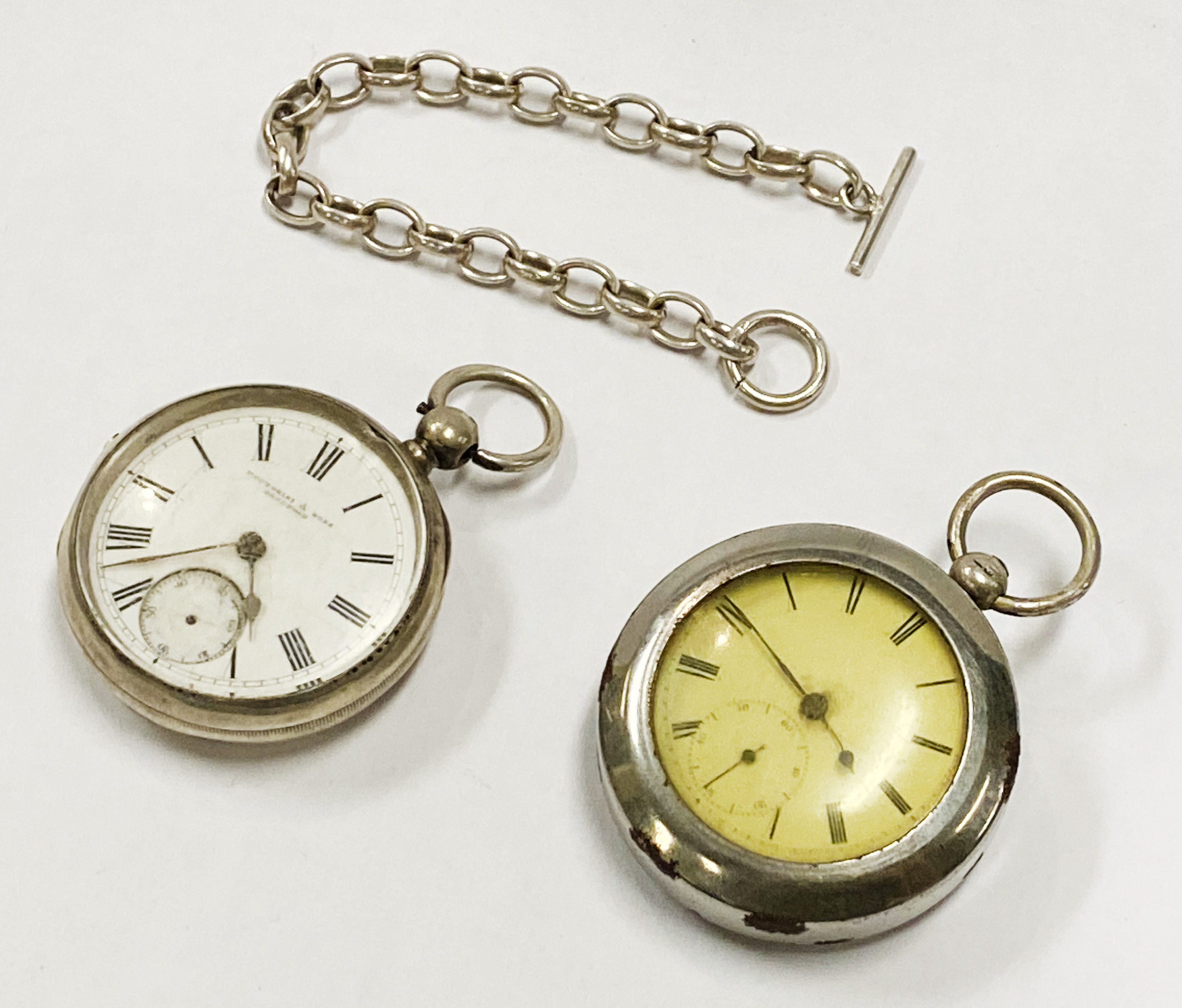 2 HM SILVER POCKET WATCH & SILVER FOB CHAIN