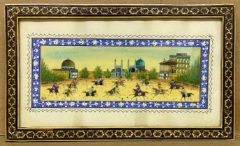 PERSIAN MINIATURE PAINTING DEPICTING AN ANCIENT GAME OF CHOVGAN (POLO)