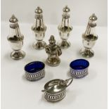 FOUR STERLING SILVER CRUETS & 3 PIECE CRUET SET