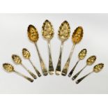 FOUR HALLMARKED SILVER FRUIT SPOONS TOGETHER WITH SIX FRUIT TEASPOONS