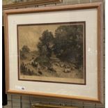 BIRKET FOSTER / FRED SLOWCOMBE ETCHING - FAMILY PICNIC & SHEEP - 45 X 33 CMS