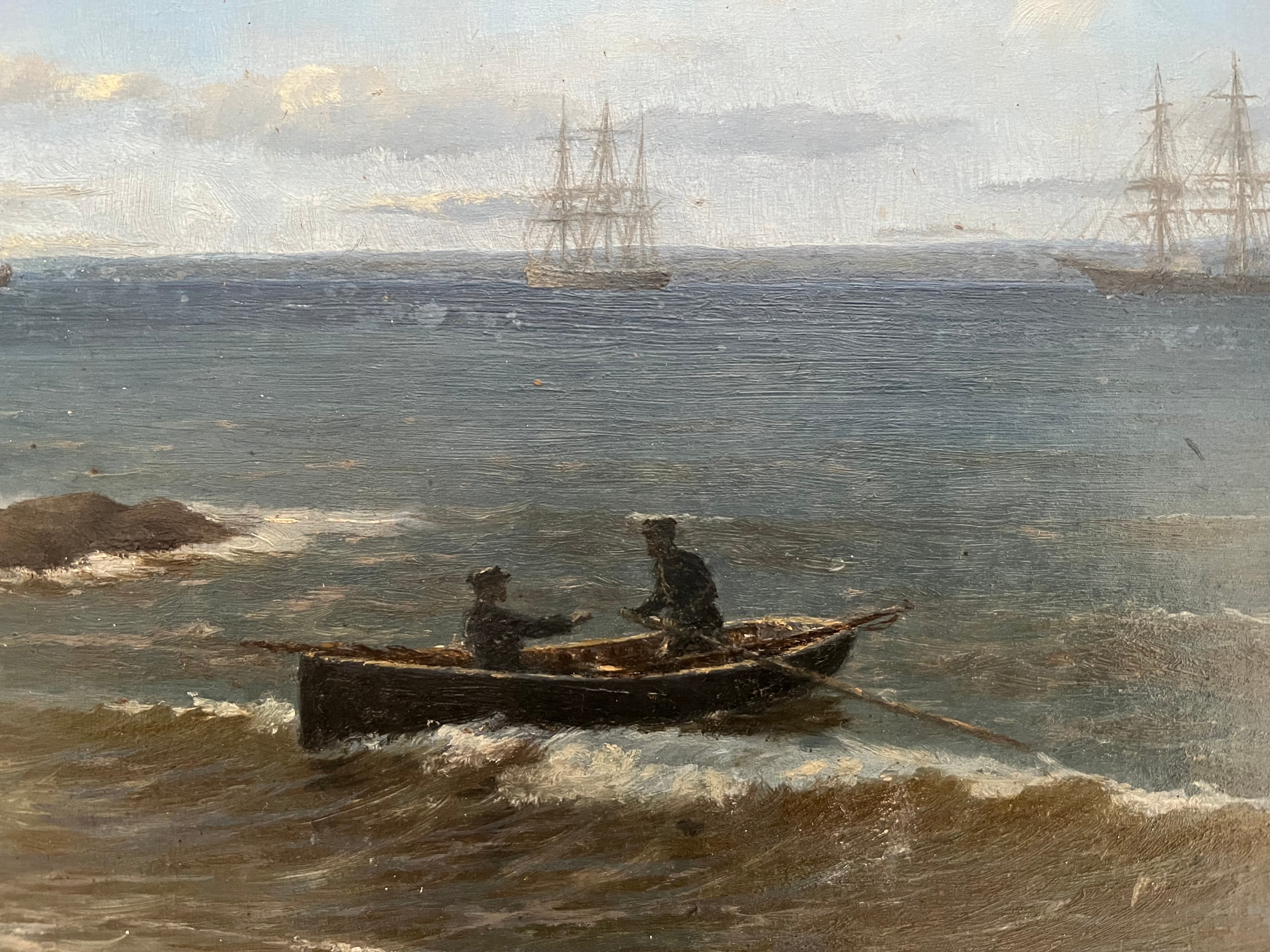 Alfred Flowers (1860-1920). British. Oil on panel. Rowing Out From Shore”. Signed. - Image 2 of 5