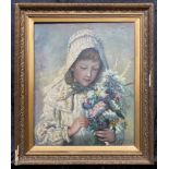 SIGNED OIL ON CANVAS GIRL WITH FLOWERS BY B LAWRENCE - TURNERESQUE