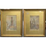 PAIR WATERCOLOURS - J.W FERGUSON CITY SCENE & PEOPLE 22 X 15CMS INNER FRAME (BOTH)