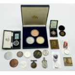 SELECTION OF VARIOUS MEDALS AND PLAQUES INCLUDING SOME SILVER, MASONIC, MILITARY