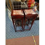 PAIR OF ORIENTAL LACQUERED TABLES/PLANT STANDS WITH MARBLE TOPS