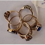 SIX 9CT GOLD , SAPPHIRE & DIAMOND SEMI PRECIOUS RINGS