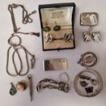 COLLECTION OF MAINLY SILVER ITEMS TO INCLUDE VESTA/MONEY CLIP/JADE CUFFLINKS