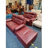 SCS 2 SEATER SOFA & 2 SEATER RECLINER SOFA & FOOTSTOOL IN WINE LEATHER