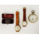 GOLD POCKET WATCH, BABY BROOCH & TWO WATCHES