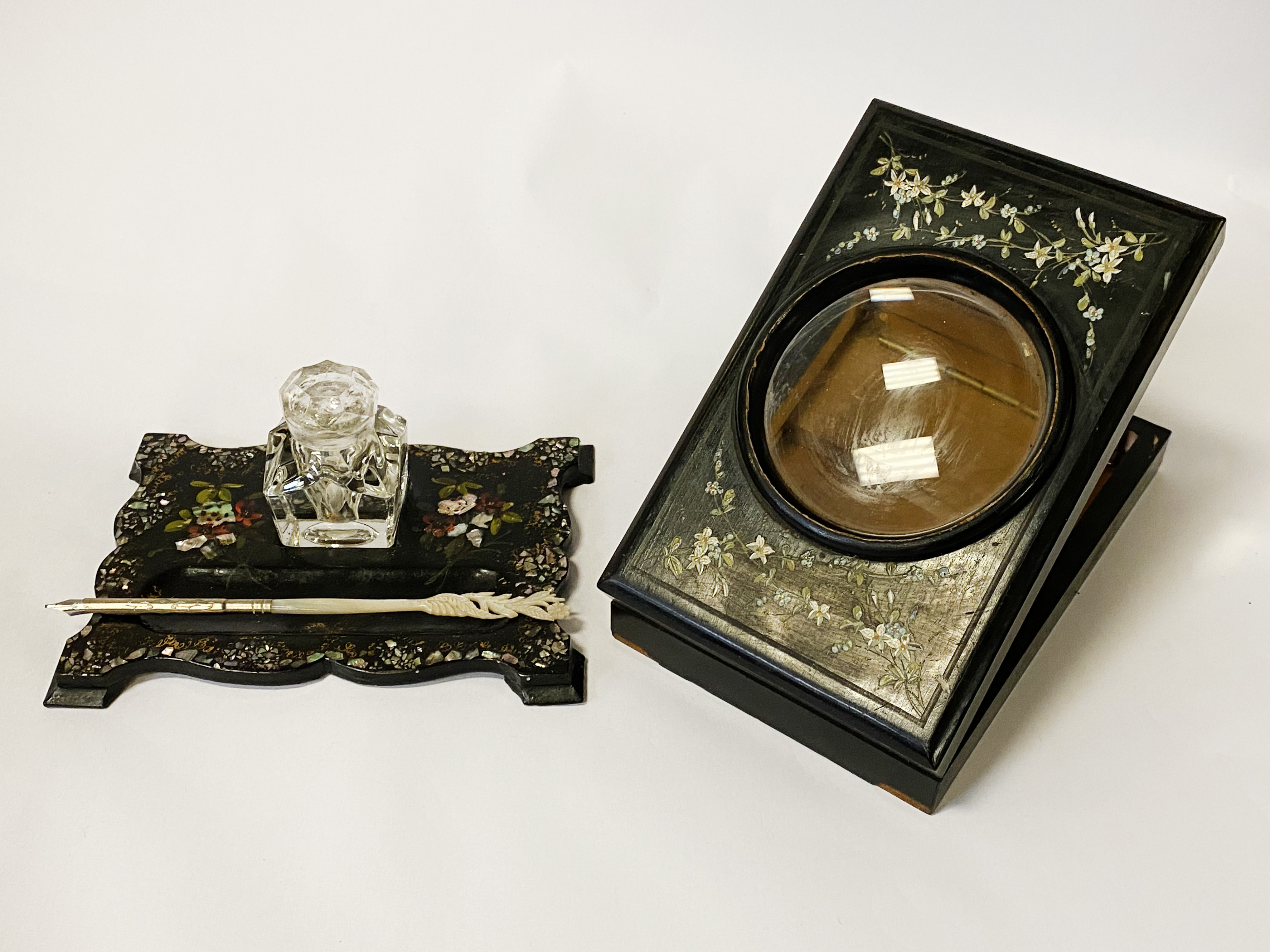 ORNATE MOTHER OF PEARL INKWELL, WRITING PEN & VICTORIAN PHOTOGRAPH WRITING BOX