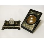 ORNATE MOTHER OF PEARL INKWELL, WRITING PEN & VICTORIAN PHOTOGRAPH WRITING BOX