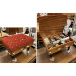 BEECH SEWING BOX FOOT STOOL WITH CONTENTS