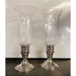 PAIR GORHAM SILVER & GLASS HURRICANE LAMPS 29CMS APPROX