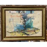 ABSTRACT CRAYON DRAWING OF FISHING BOATS - SIGNED - 39CM X 29CM